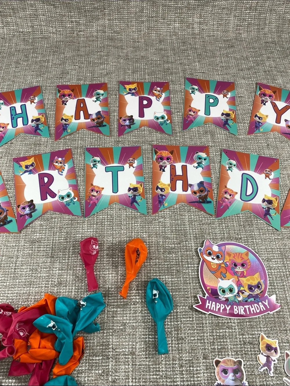 Kids Pink Teal Orange Happy Birthday Party Banner and Decorations cats kittens